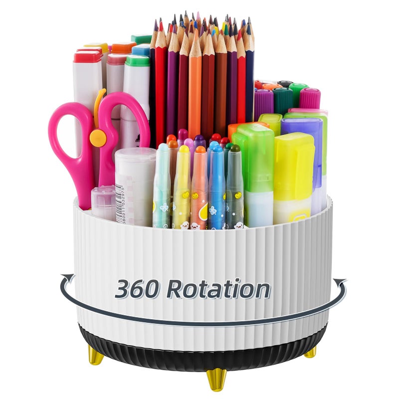 Marbrasse Desk Organizer, 360-Degree Rotating Pen Holder, Desk Organizers and Accessories with 5 Compartments Pencil Holder, Art Supply Storage Box Caddy for Office, Home (White+Black) - Image 1